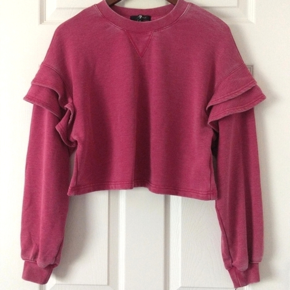 7 For All Mankind Cropped Ruffle Long Sleeve Crewneck Sweatshirt Berry Pink S